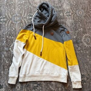 Wanakome Gray, Mustard & Cream Hoodie with Cowl Neck • size medium